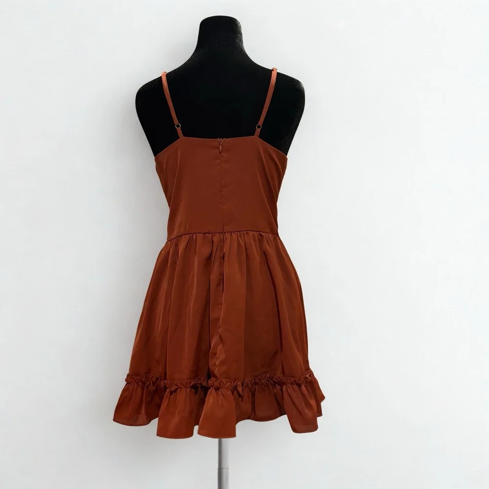 Cider Hollow Out Mini Dress Size Small Baby Doll Ruffle Burnt Orange - Picture 3 of 5